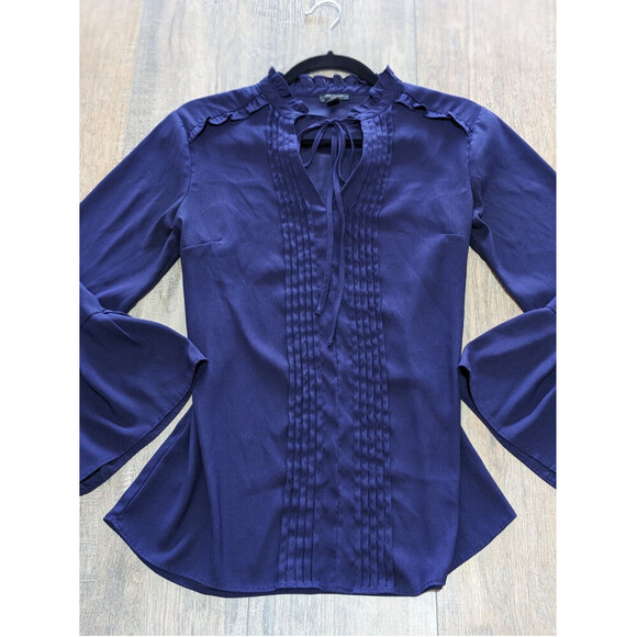 Ann Taylor Tops - Ann Taylor Top Womens Small Petite Blue Long Flare Sleeve Pleated BOHO Work